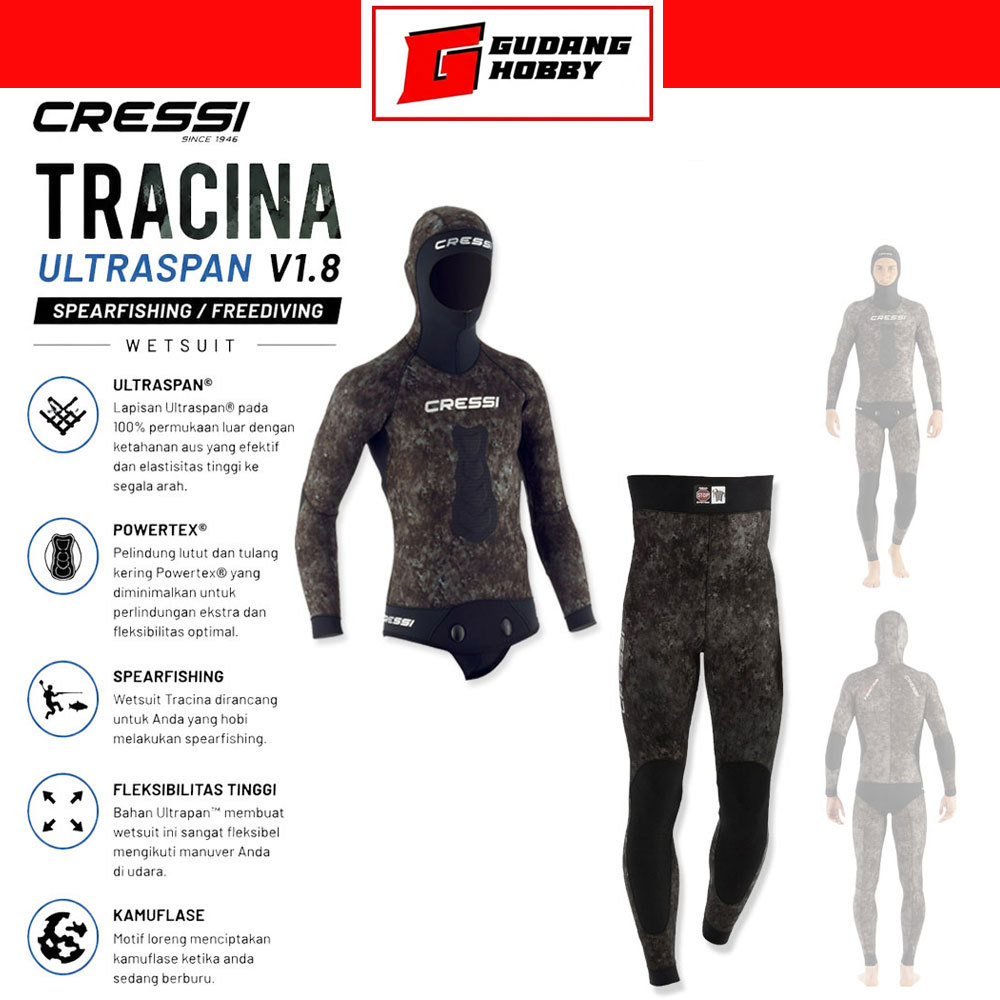 Wetsuit Cressi TRACINA Ultraspan V1.8 ( Spearfishing/Freediving) / Pakaian Selam / Baju Spearfishing