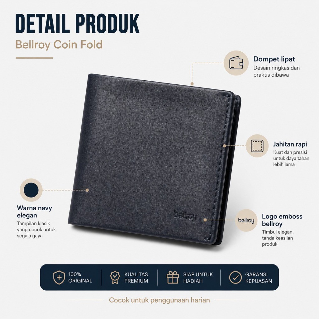 Dompet Pria Bellroy Coin Fold Warna Navy Model Lipat Elegan dengan Kotak