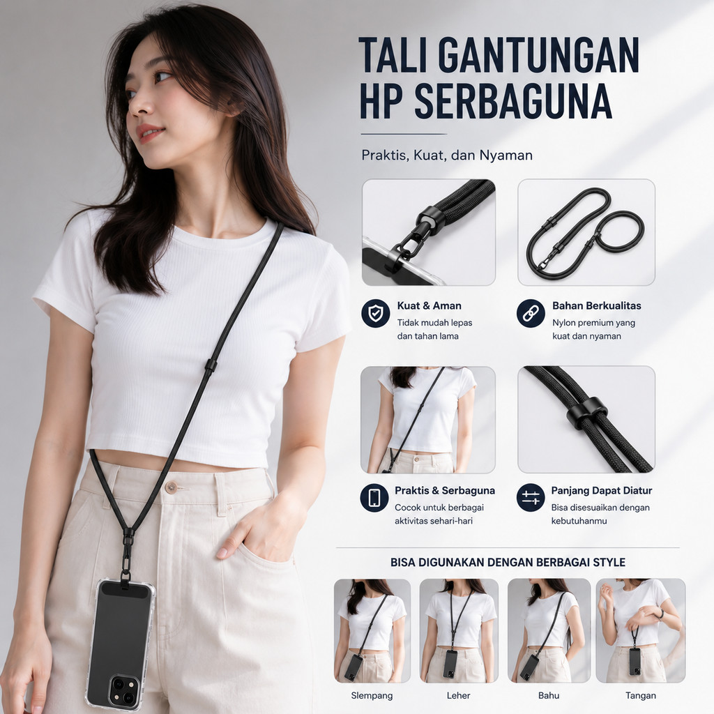 TALI GANTUNGAN LANYARD HP SERBAGUNA TALI SELEMPANG UNIVERSAL TALI LEHER KUAT DAN BERKUALITAS WARNA W