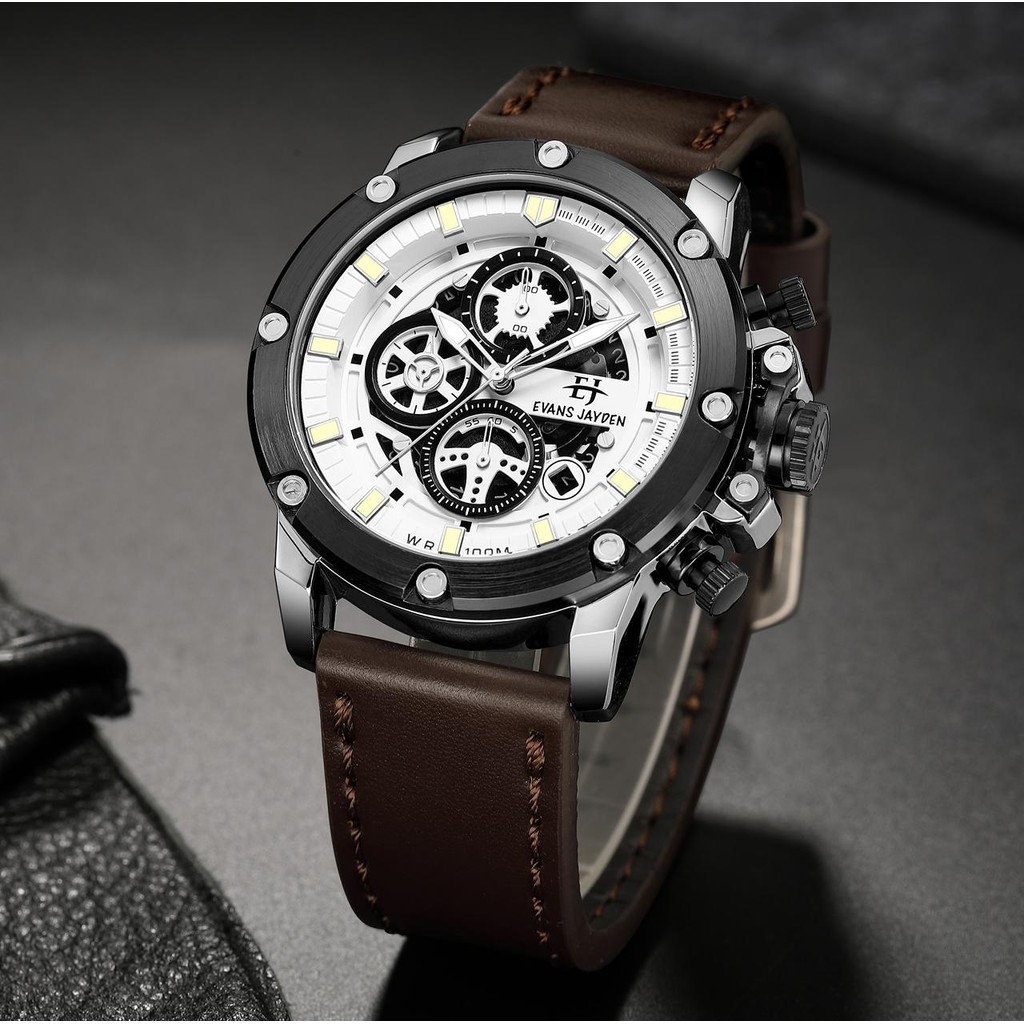 [ PROMO SAAT LIVE ] Evans Jayden Jam Tangan Pria 9570 Kulit Kaca Sapphire Chrono Water Resistant 10 