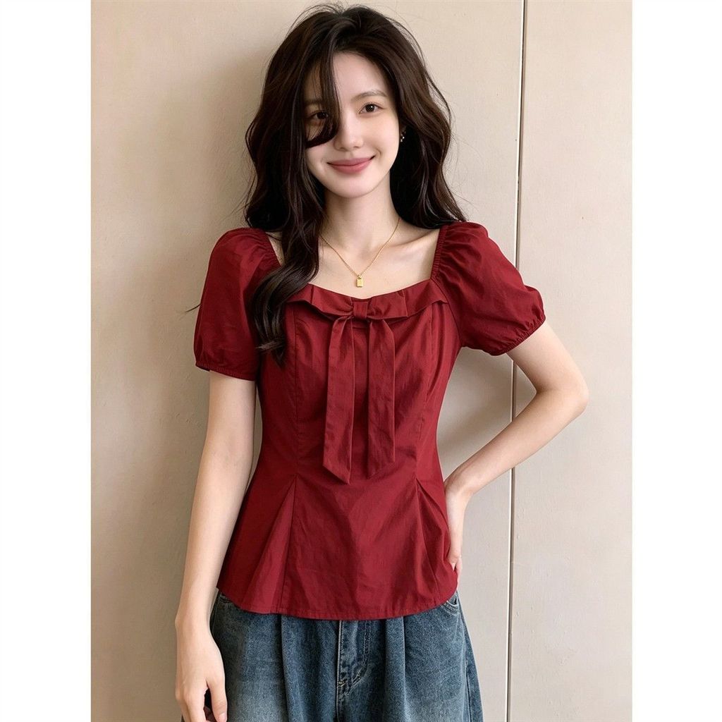 2026 Summer Top: Burgundy Square Neck Puff Sleeve Short Sleeve Shirt