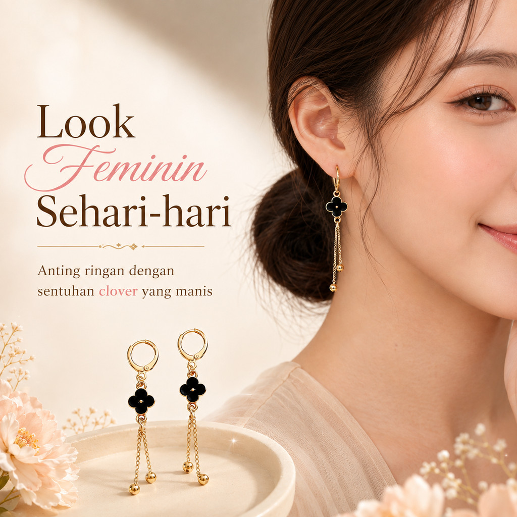 Anting Titanium Asli Wanita Model Semanggi Empat Daun Panjang Anti Karat Anti Luntur Anti Alergi Tah