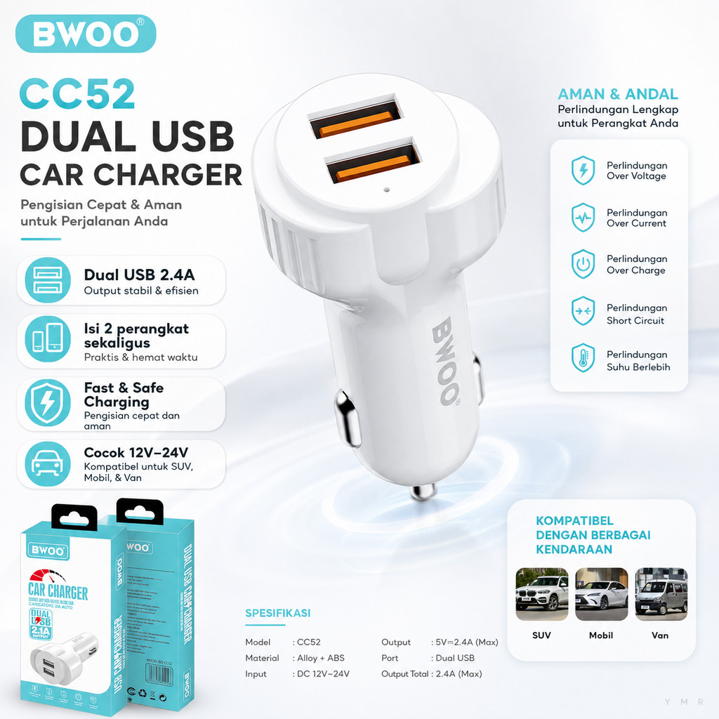 BWOO CC52 Charger Mobil Fast Charging Dual USB 2.4A 12W Car Charger