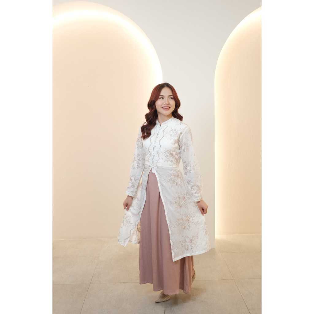 Missty Gamis Dress Tunik Warna Putih Pink One Set Celana Panjang Motif Burkat Premium BEST SELLER (R