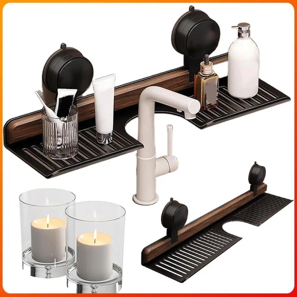 Walnut Suction Cup Bathroom Shelf Faucet Organizer Rack Wall Mounted Sink Shelf Bathroom Accessories