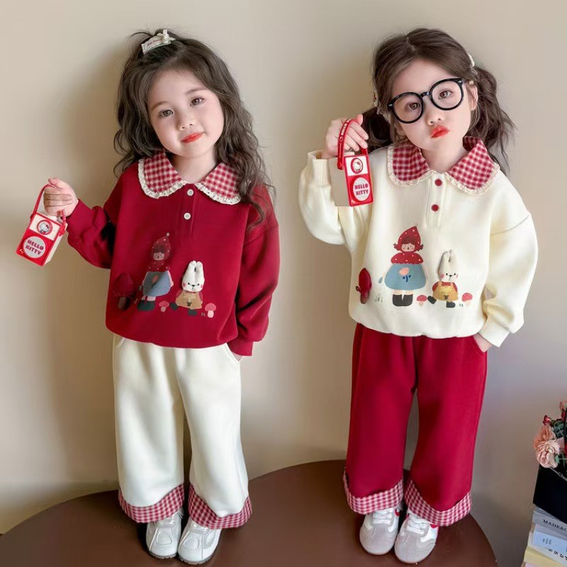 Girls' New Autumn Fashionable Red Plaid Sweatshirt and Pants with Mushroom and Rabbit Design