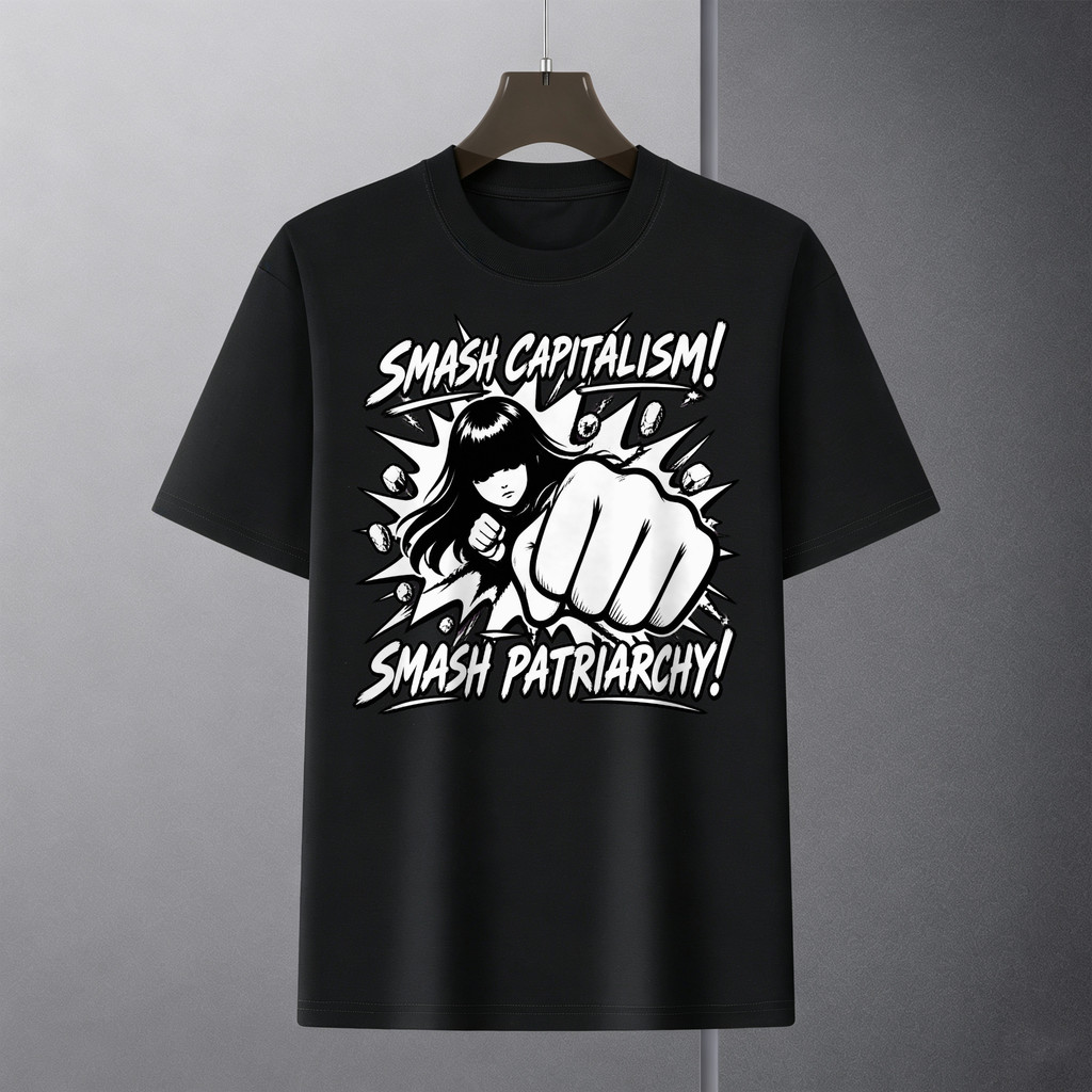 Kaos Pendek Smash Capitalism Smash Patriarchy Dengan Ilustrasi Gadis Bertinju Anti Kapitalisme Dan P