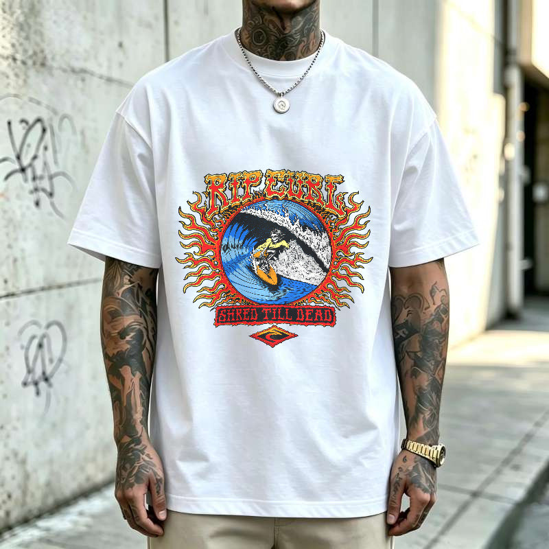 Kaos Pria Oversize Vintage Surfing Wave RIP CURL Shred Till Dead, T-Shirt Unisex American Style Retr