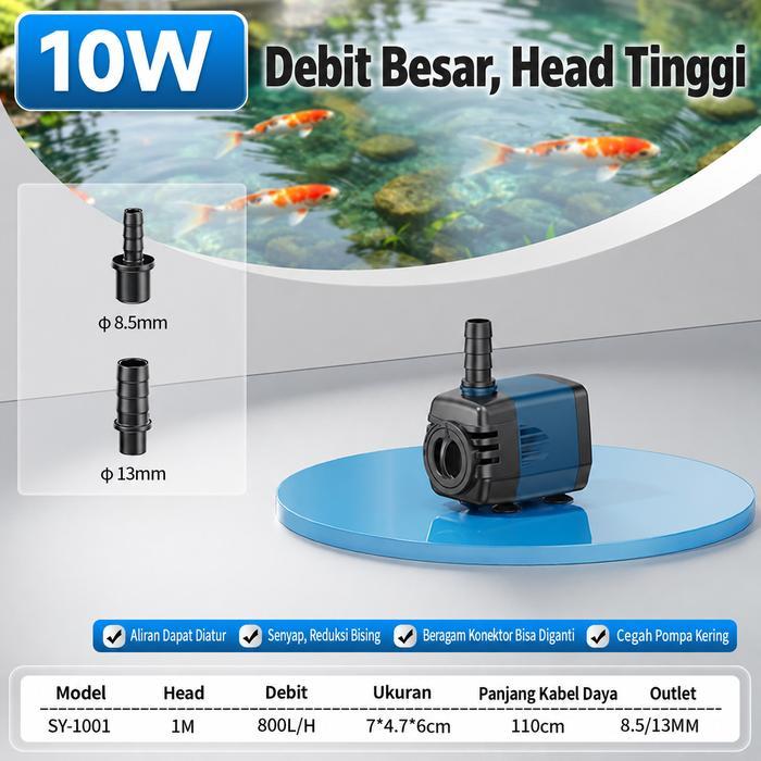 Pompa Air Aquarium & Kolam 10W-105W Debit 800-6000L/Jam Aliran Adjustable Senyap Celup & Darat Model