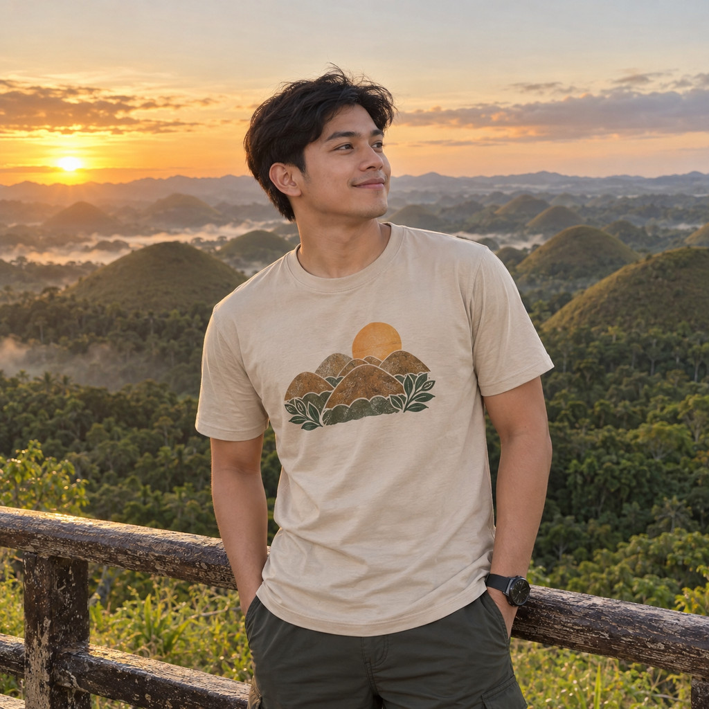 Kaos Pria Katun Motif Chocolate Hills Sunrise | Outfit Bohol