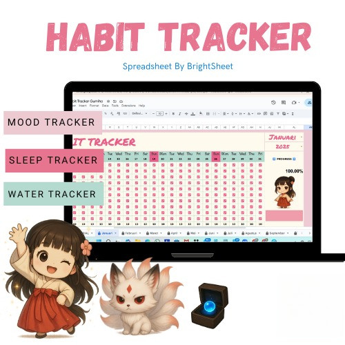 Habit Tracker Spreadsheet Premium – 12 Bulan | Mood + Sleep + Water Tracker Google Sheet