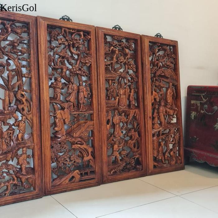 Pajangan dinding 4 panel ukir kayu china original antik GL9