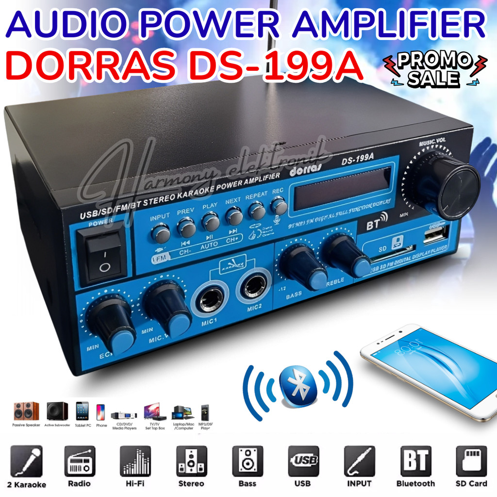 NEWW Power Amplifier Bluetooth Karaoke Dorras Ds-199a | Audio Penguat Suara Full Bass 199a | Amplifi