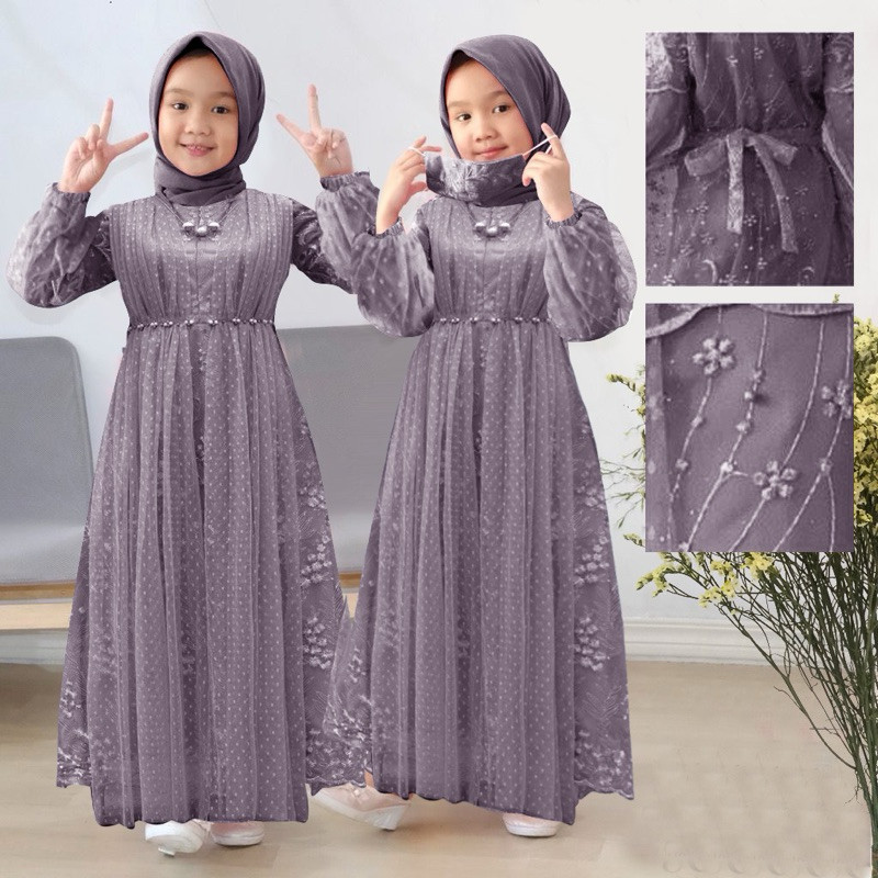 [Padu Dress] Gamis Anak Perempuan 3–16 Tahun – Fashion Muslim Warna Mauve Lavender Cocok untuk Lebar