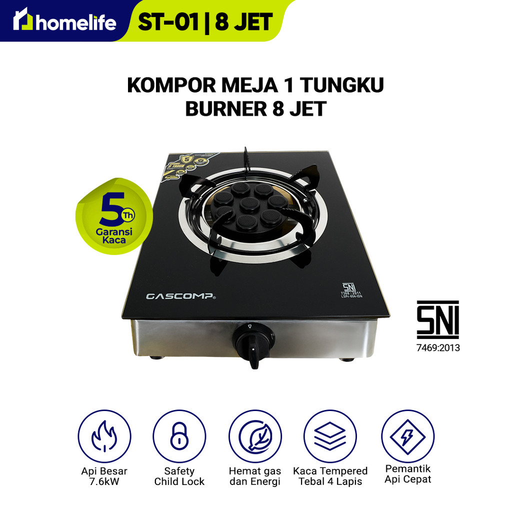 homelife Kompor Gas Meja 8 Jet ST01 | Api Bara Besar Hemat Gas | Kompor 1 Tungku Masak & Panggang Ce