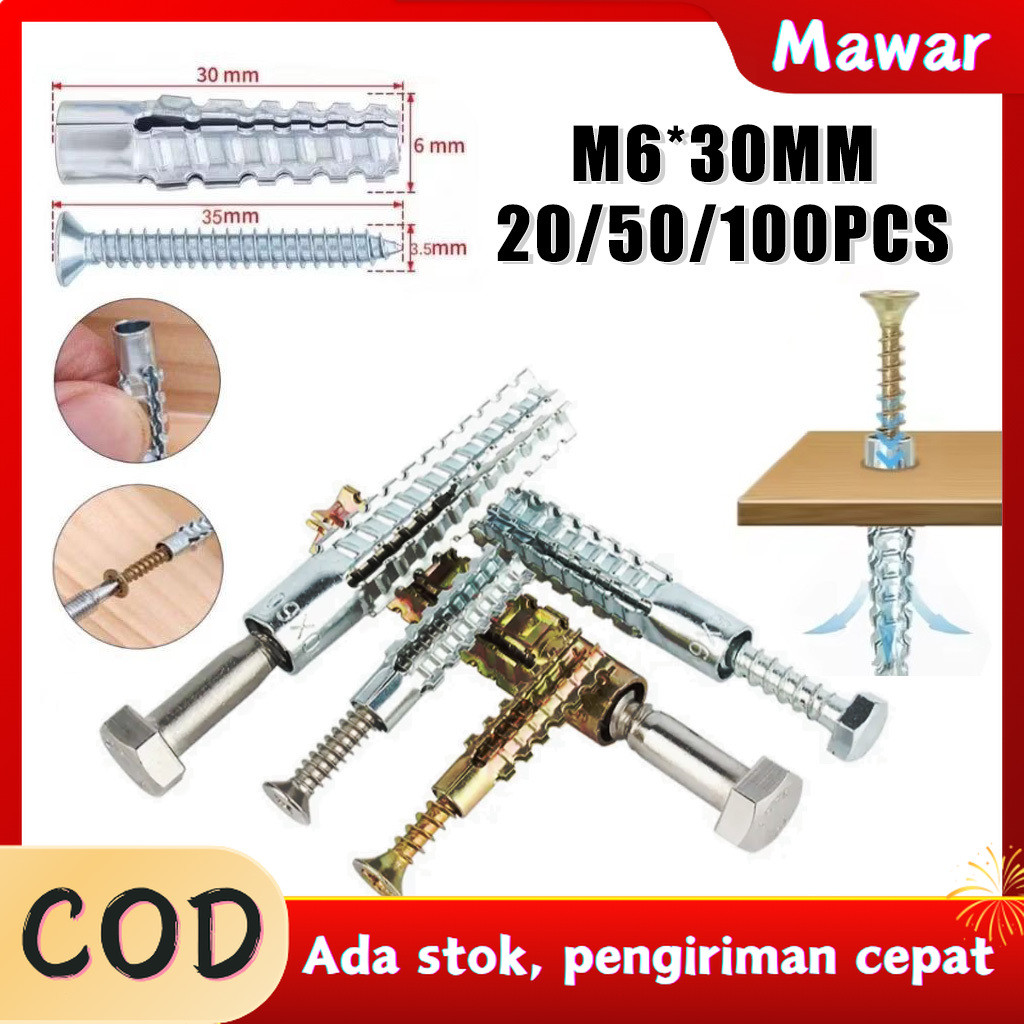 [COD]100set M6x30 Angkur Baut Tembok Sekrup Wall Anchor Tembok Sekrup Dinding Tembok Angkur/Tembok S