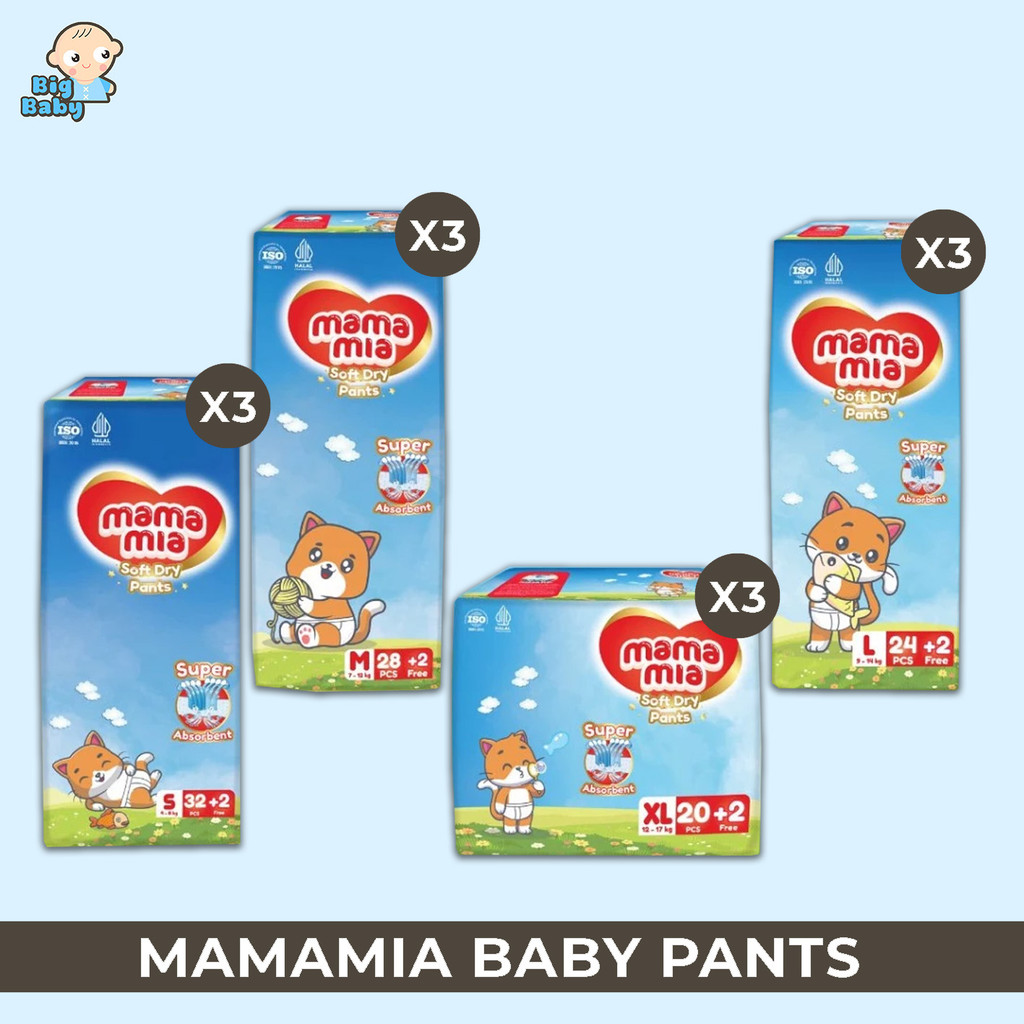 [PAKET 3 BALL] MAMAMIA Popok Bayi Tipe Celana Premium S34 M30 L26 XL22 - Super Lembut Extra Kering S