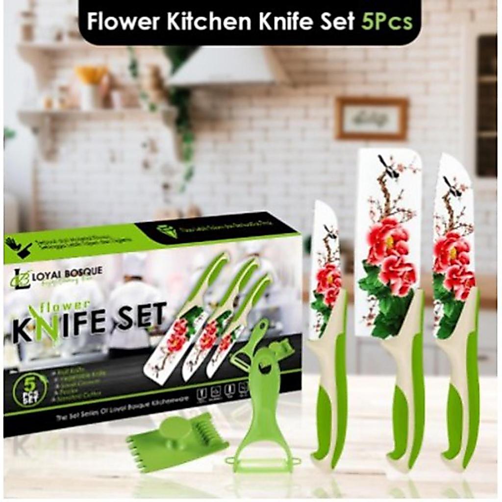 Pisau Set Knife 5in1 Motif Bunga/Flower Kichen Kicen Knife Set