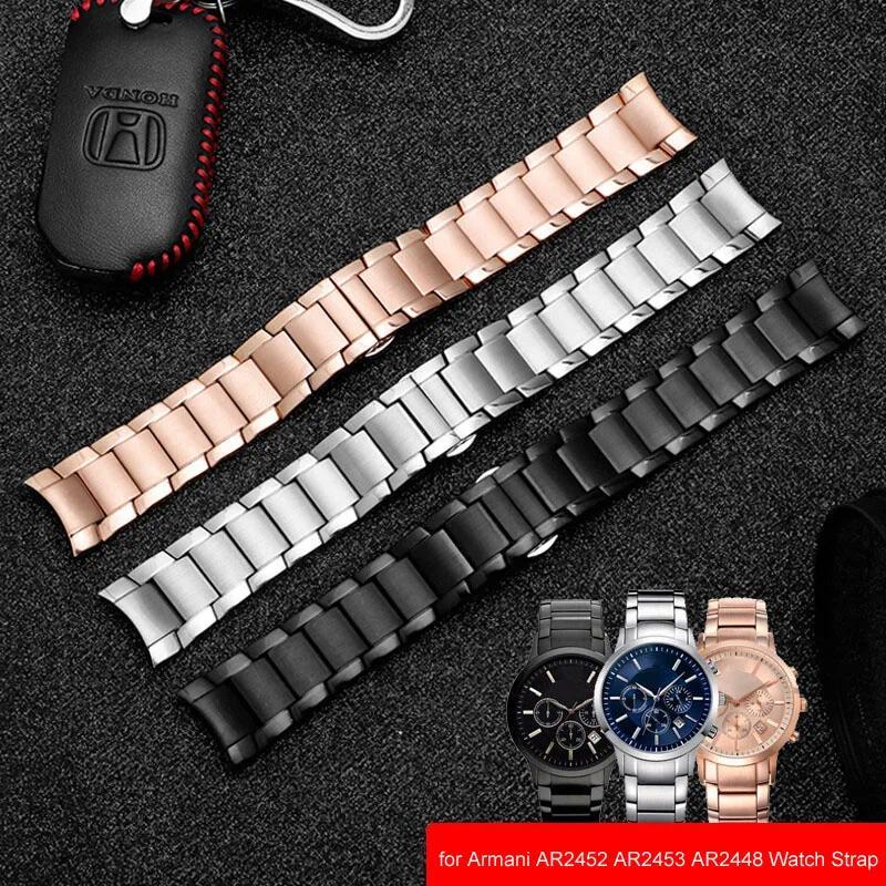 Wat Bands Stainless Steel for Armani AR2452 AR2453 AR2448 Wat Strap Watband Butterfly Buckle Scrub B