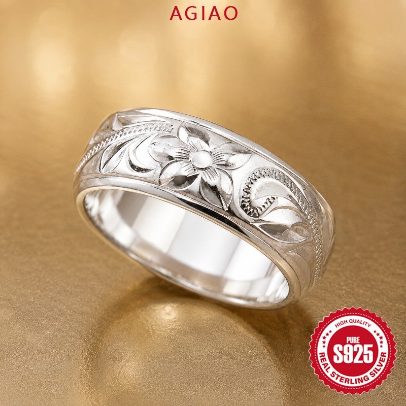 AGIAO Cincin Lebar Ukir Bunga Perak - Cincin Unisex Minimalis Vintage