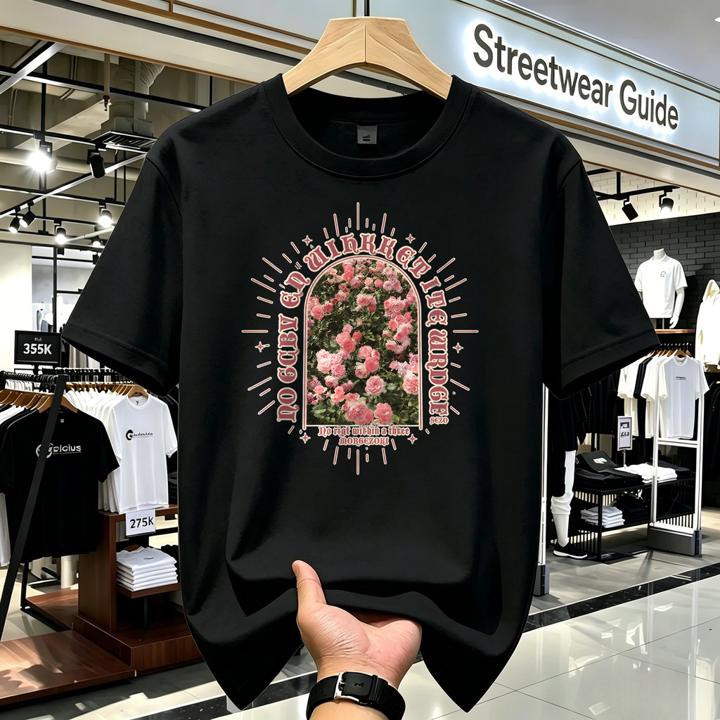 Kaos Distro Unisex Warna Putih Motif Bunga Mawar Vintage Retro Aesthetic