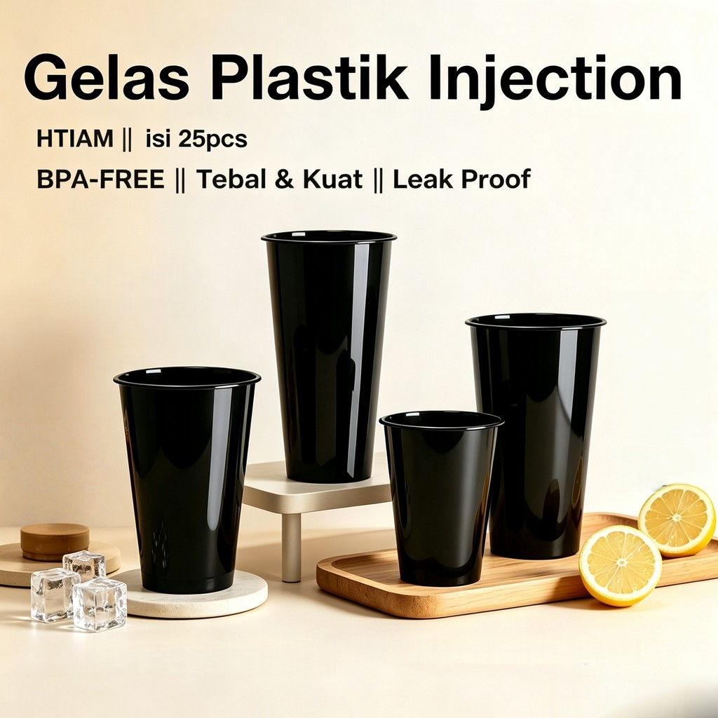 [25pcs] Cup Plastik Injection Hitam 16oz 24oz + Tutup | Food Grade Aman | Anti Bocor | Tebal Premium