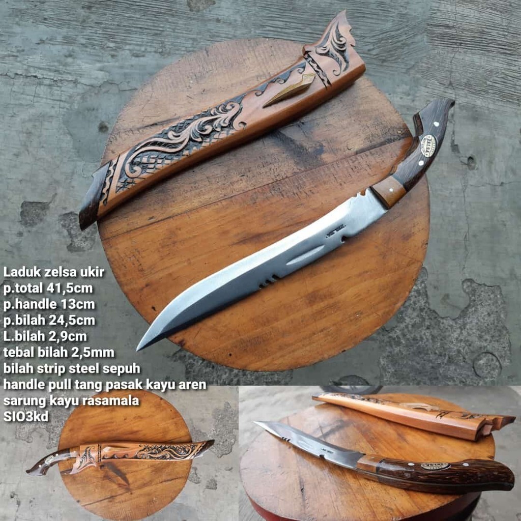 Pisau Laduk Zelsa Baja Fulltang Hitam Motif Ukiran