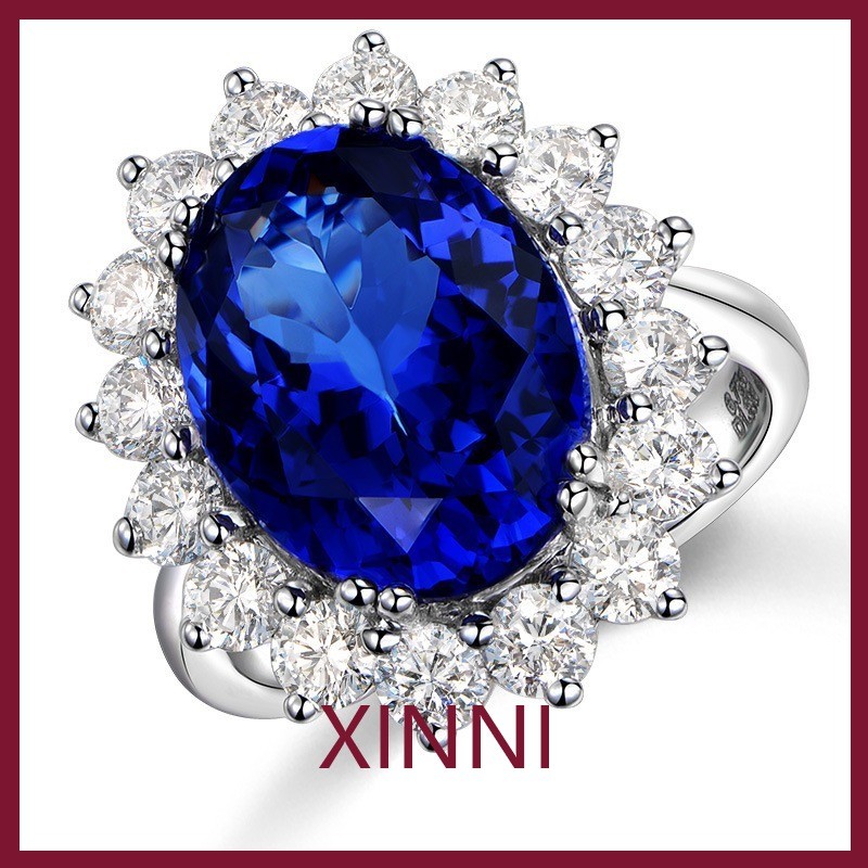 XINNI Cincin Terbuka Yang Dapat Disesuaikan Imitasi Tanzanite Alami Cincin Safir Berlapis Platinum B