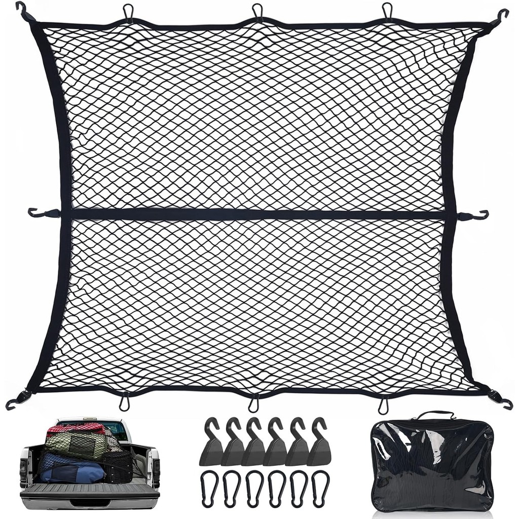 Pickup bed cargo net-heavy-duty stretchable elastic net with 8 heavy-duty steel hooks, can secure tr