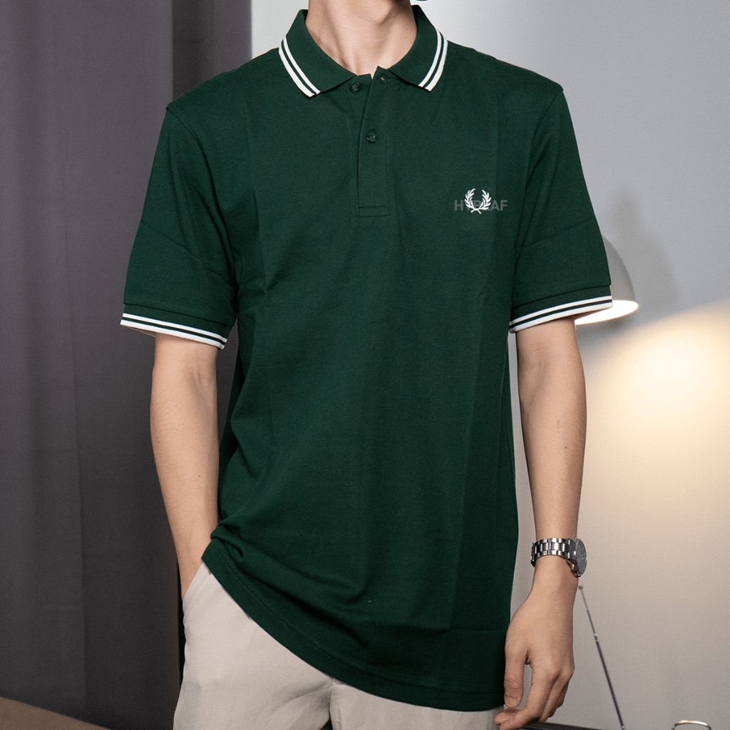 FRED PERRY Green Polo T-Shirt - White and White