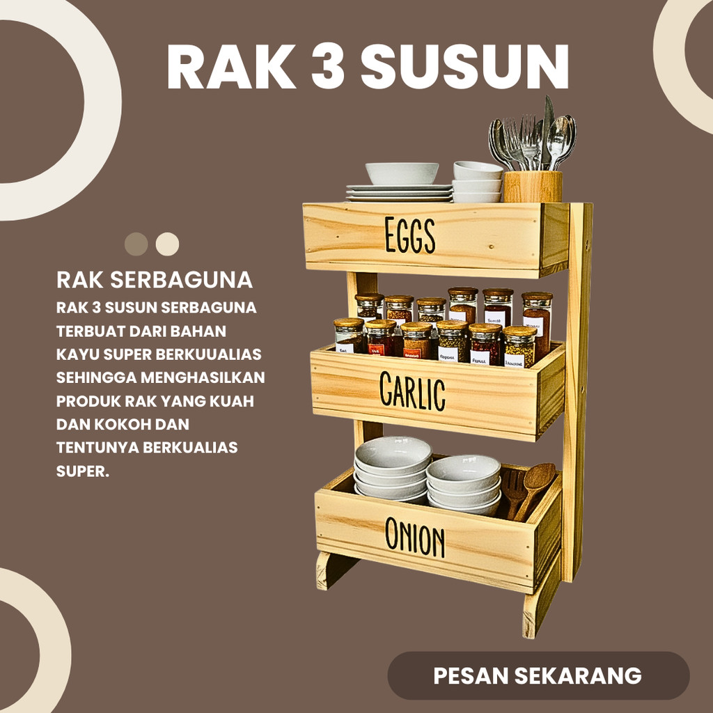 RAK BUMBU SAYUR 3 SUSUN BAHAN KAYU JATI BELANDA
