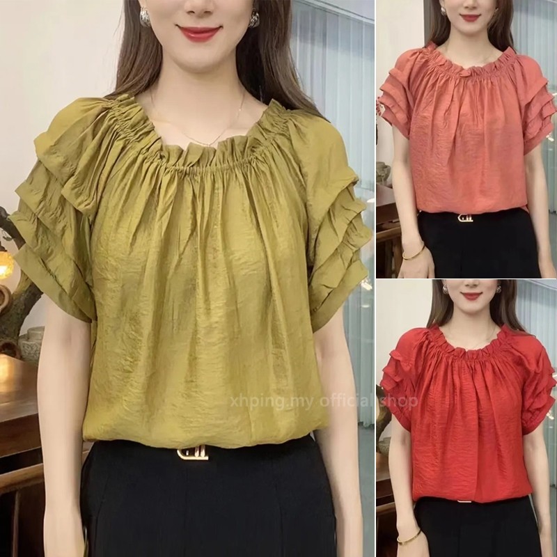 Korean Style T-shirt Lantern Sleeve Short Sleeve Loose Fashion Puff Sleeve Top Mom Shirt Women blous