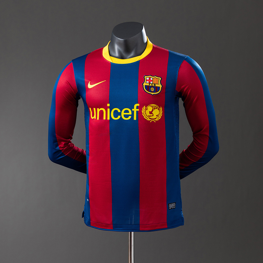 Jersey Barcelona 10/11 Home Long Sleeve Player Version Retro T shirt pria