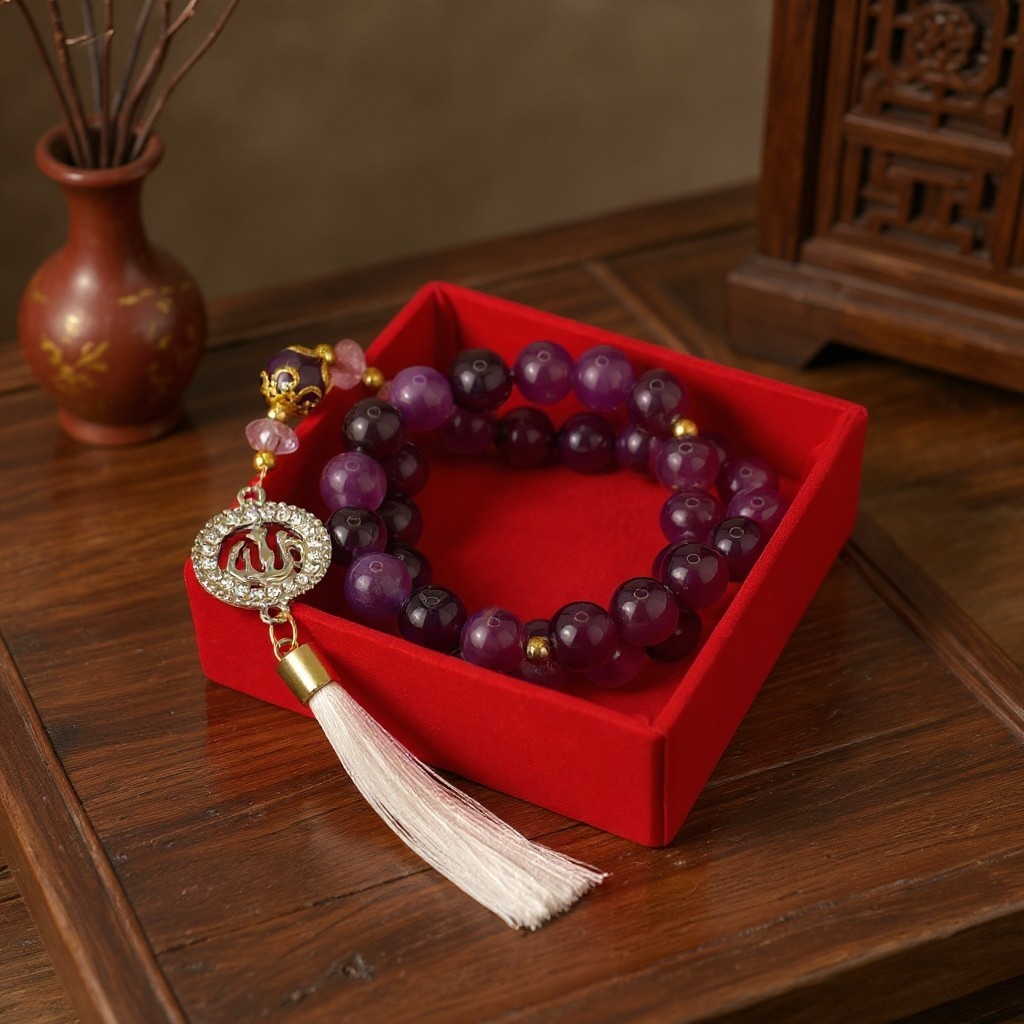 Tasbih Giok Ungu Asli / Tasbih Batu Alam Amethyst Elegan / Tasbih 33 Butir Premium Karet Elastis