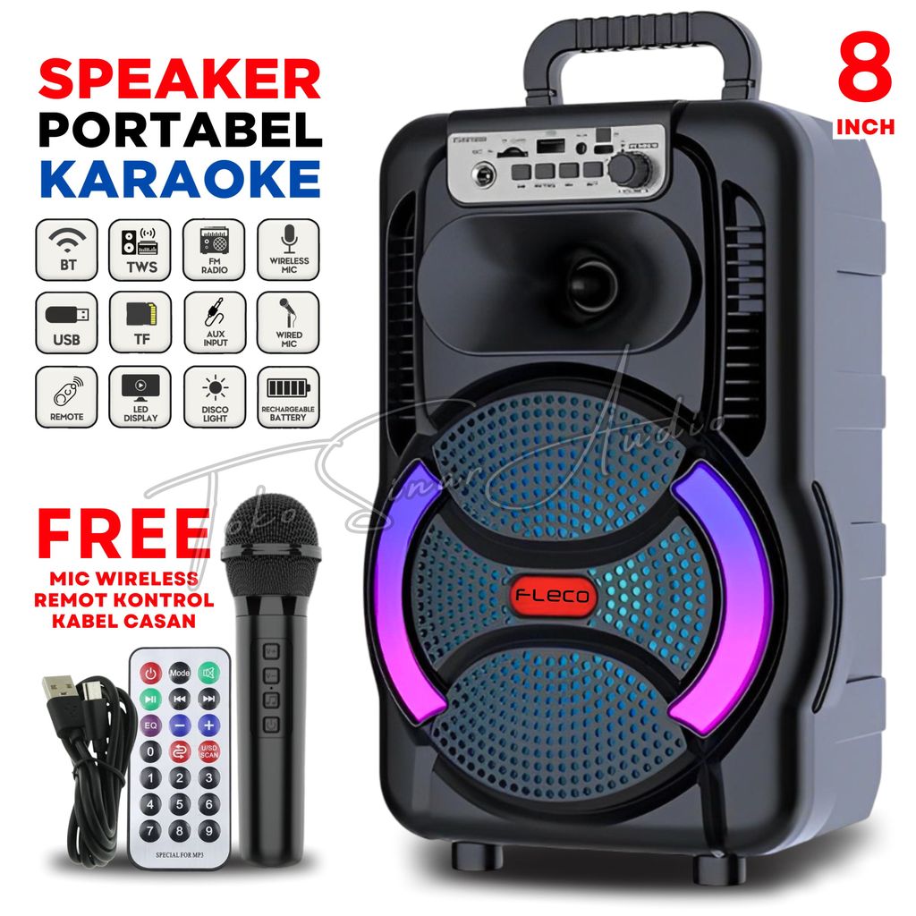 {CID} Salon Bluetooth Full Bass Komplit Karaoke Remot Casan Tipe-C Fleco F-8865 GR LED Karaoke Speak