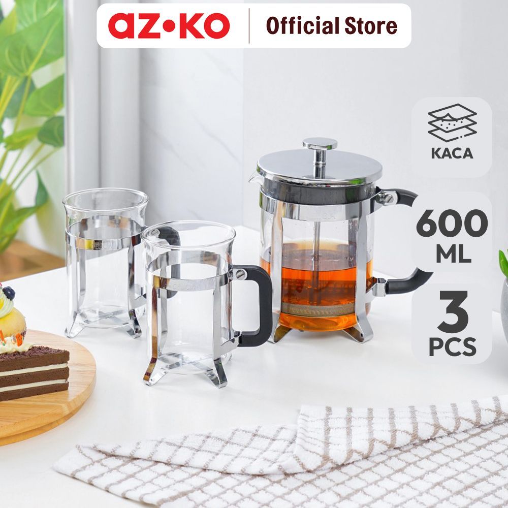 AZKO Delicia Teko Kopi French Press Kaca Dengan Mug 600 ml Set 3 Pcs Transparan Gelas Minum Tea Cang