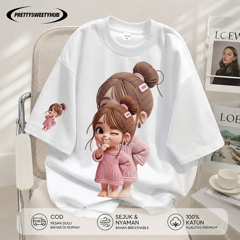 Pretty Sweety Hub - Kaos Oversize Wanita Lengan Pendek | Motif Pink Girl Cute Aesthetic | Korean Sty