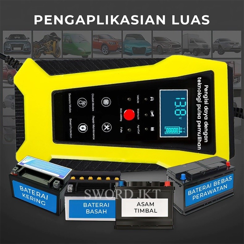 Cas Aki Mobil Motor Pulse Repair Otomatis Charger Battery Car 12V 6A Power Digital LCD Display Pengi
