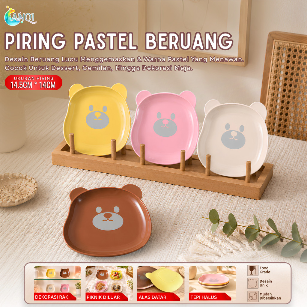 ANQI SHOP Piring Kecil Plastik 14.5x14cm Motif Beruang Set 4 PCS Warna-Warni Lucu dan Estetik untuk 