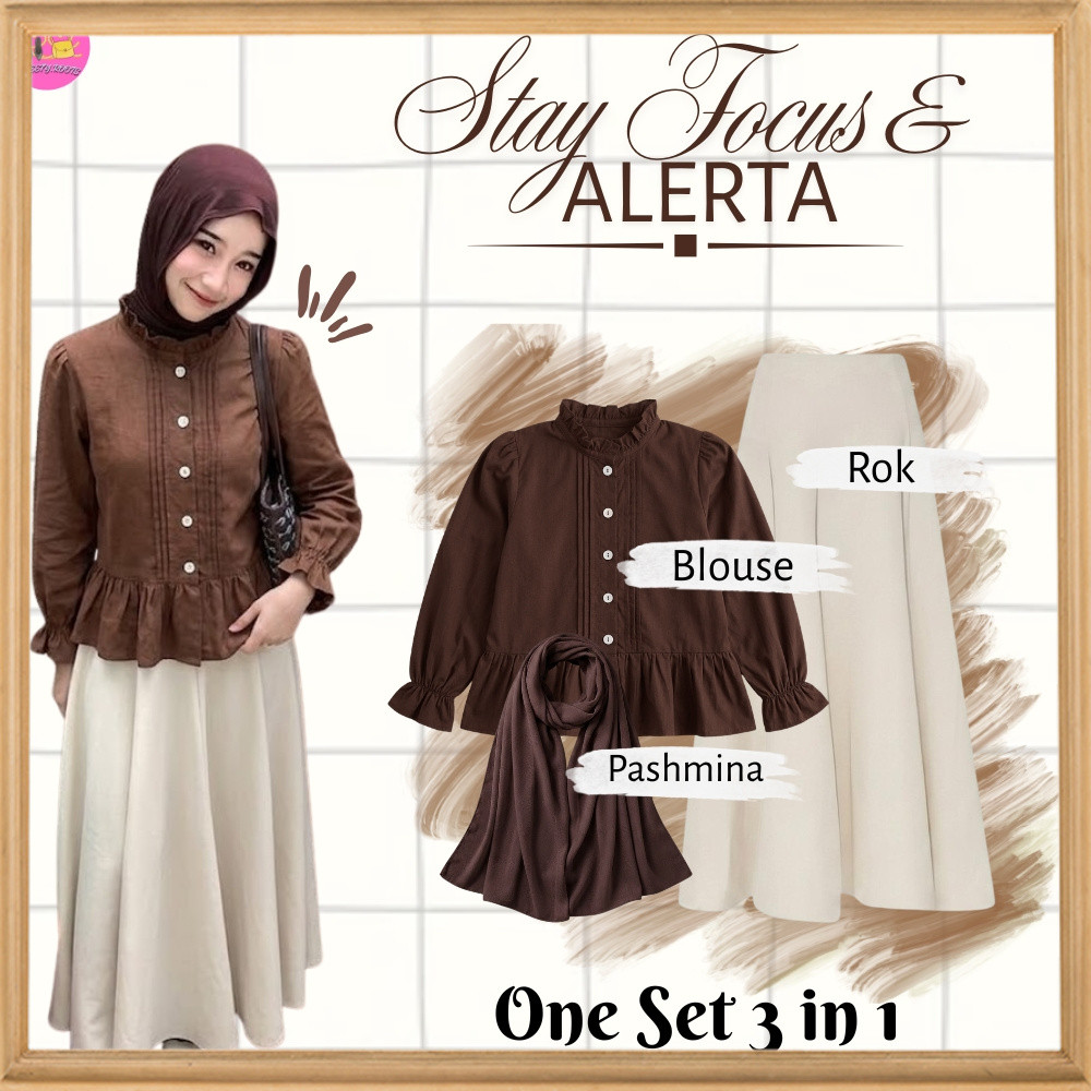 Setelan OneSet 3 in 1 Blouse Elora & Rok Payung Kekinian (Blouse Elora + Rok Payung + Pashmina) Kore
