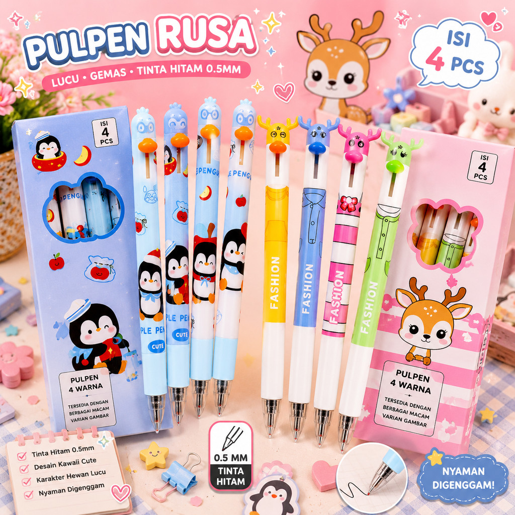 PULPEN GEL MEKANIK KAWAII ISI 4 PCS TINTA HITAM 0.5MM / PULPEN ESTETIK