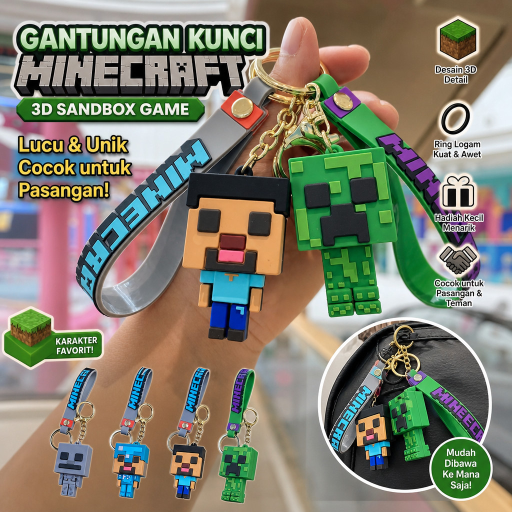 Gantungan kunci game sandbox 3D Minecraft, gantungan kunci pasangan, hadiah kecil mesin boneka