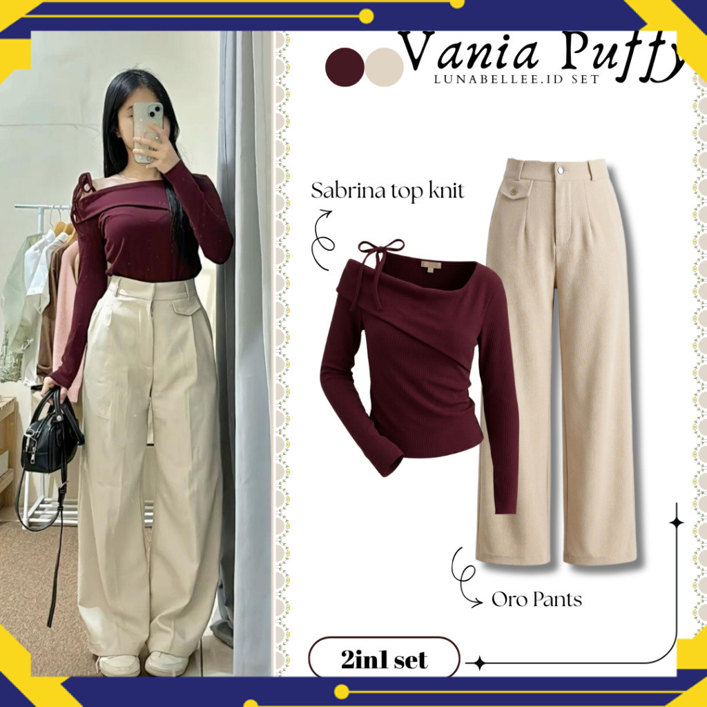 Vania Set [ Sabrina top knit & Oro Pants ] Outfit hangout simple praktis | Setelan kekinian Korean s