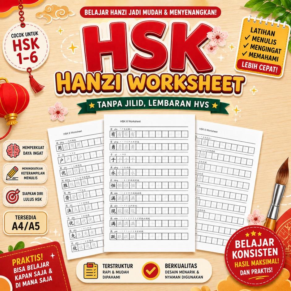 Buku Latihan Menulis Hanzi / Worksheet Karakter Mandarin  HSK 1 - 6 Anak & Dewasa Pemula | Caligraph