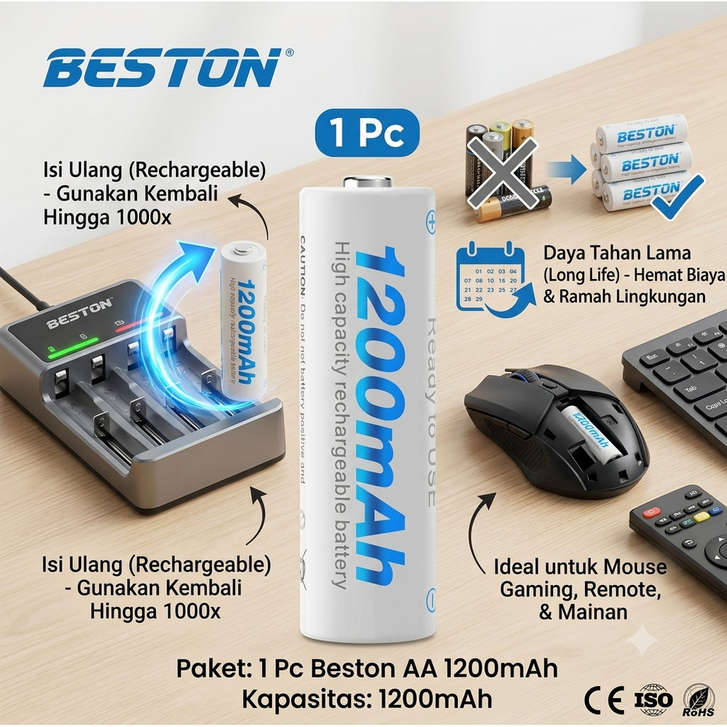 Beston Batu Baterai Battery AA Charge Cas rechargeable 1 Pc 1200Mah