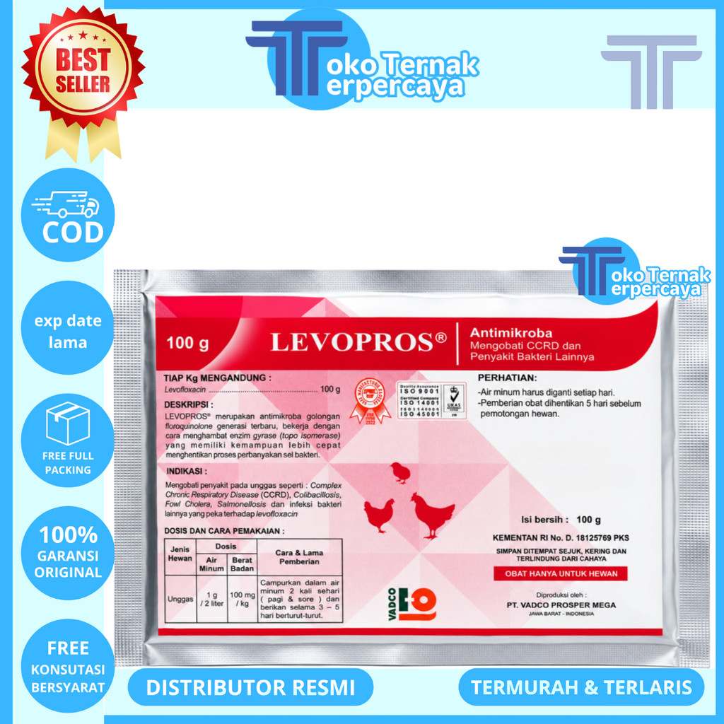 LEVOPROS 100 GRAM VADCO - Obat Ayam Cekres Batuk Crd Colibacilosis Salmonella Fowl Cholera CCRD  Lik