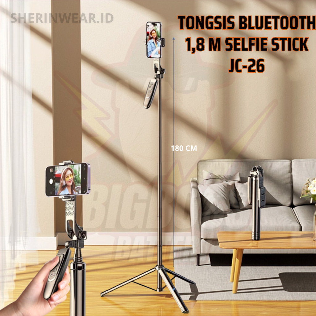 Tongsis Tripod Stabilizer JC26 Handphone 180cm 1,8 Meter Bluetooth 3 in 1 Selfie Stick Remote Handph