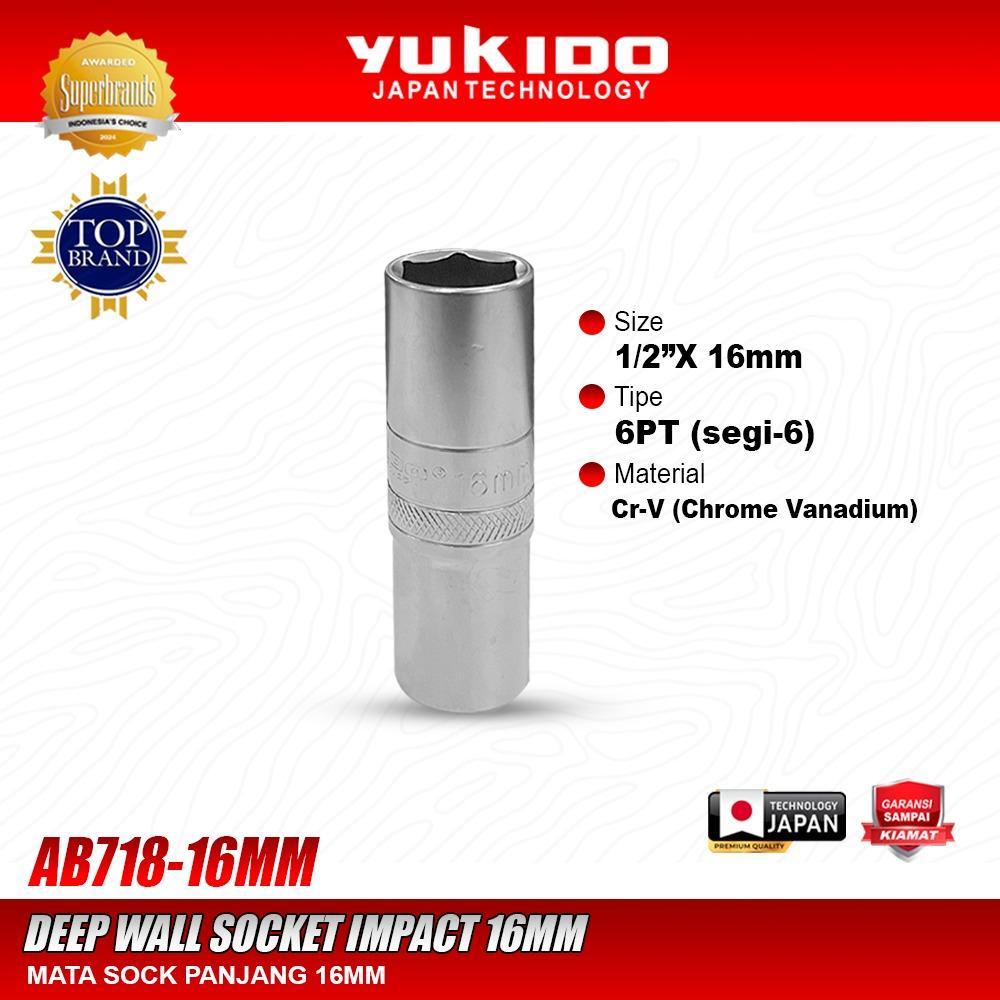 YUKIDO Mata Sock Panjang 16mm - Kunci Deep Wall Impact Socket 1/2 Inch 6PT Chrome Vanadium Original