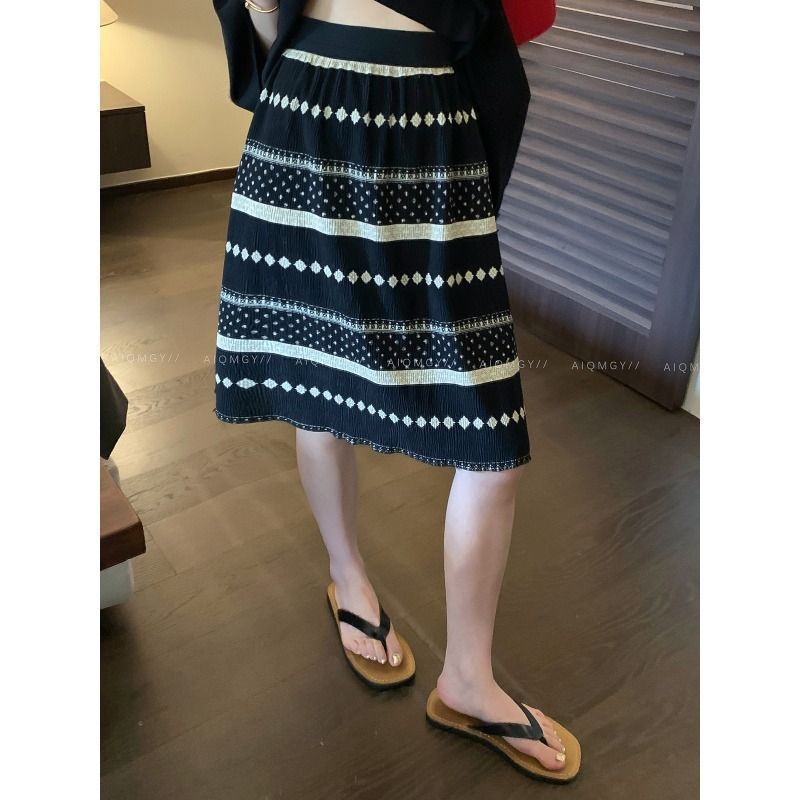 Hitam/Vintage/Berjalur/Rok/Serbaguna/Berlipit/Rok panjang sedang