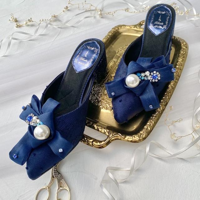 Navy Selop Sandal Sepatu Pesta Wanita Block Heels 4.5cm AVEDA